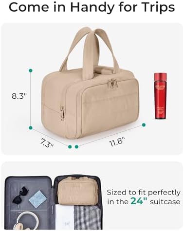 BAGSMART Travel Toiletry Bag, Puffy Toiletry Bag for Women, Wide-open toiletry bags for traveling, Large Travel Cosmetic Makeup Bag Organizer for Accessories,Toiletrie (Khaki) - Image 3