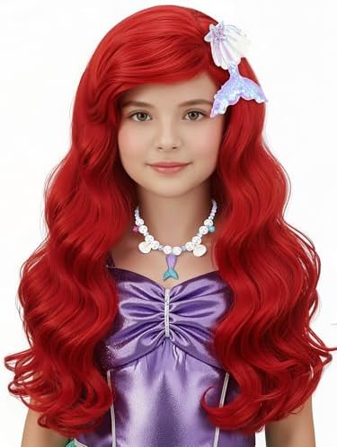 Red Mermaid Wig for Kids Girls Red Long Curly Wig Halloween Cosplay Wigs (Dark Red) by HORTYZON