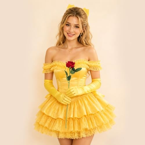 Princess Costume Accessories Crown Rose Hair Bow Yellow Gloves Kit - Image 6