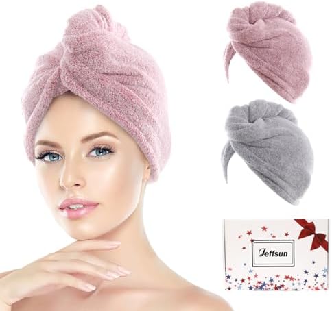 Microfiber Hair Drying Towels for Women 2 Pack w/ Secured Button,Grey+Pink by Jeffsun