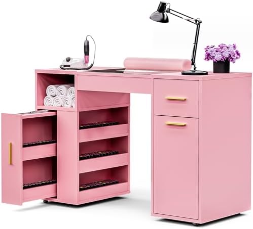 Manicure Table with Dust Collector, Glass Top and Wheels (Pink) by Oakvera