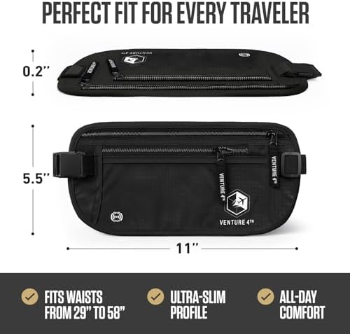 VENTURE 4TH Travel Money Belt, RFID Blocking Passport Holder - Pure Black - Image 3