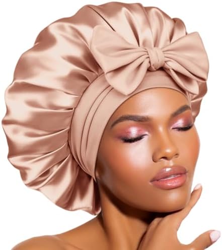 BONNET QUEEN Double Layer Silk Bonnet for Sleeping for Women Satin Lined Bonnet Night Cap for Curly Hair with Tie Band,Champagne by BonnetQueen