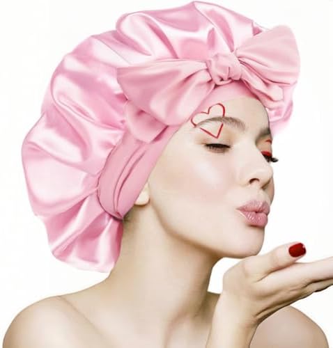 Silk Bonnet for Sleeping Women, Ajustable Hair Bonnet for Curly Hair with Tie Band Shower Caps Pink，Large by CraftedforExcellence