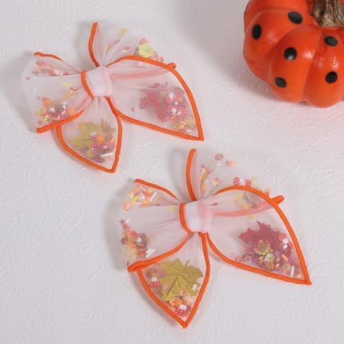Fall Thanksgiving Turkey Mesh Tulle Hair Bow Clips for Girls, 2Pcs 4" Mushroom Shaker Fable Bow Cheer Barrettes,Autumn Holiday outfit Dress Decor Accessory for Teens Kids Toddler Gift - Image 2