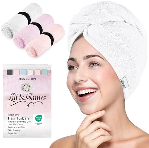 Lili&James 100% Cotton Hair Towel Wrap for Women & Kids – 420 GSM Quick Dry Hair Turban with Double Button Loop, Anti Frizz Non Microfiber Hair Drying Towel for Long & Thick Hair (White+Pink+Lilac) by LiliJames