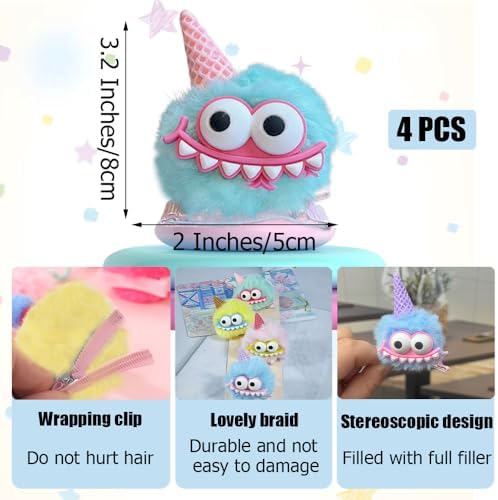 MIUPOO Fluffy Pom Poms Hair Clips,Crazy Hair Day Accessories for Girls,Quirky Little Monster Barrettes,Plush Duckbill Hairpins Hair Barrettes,Party Modeling Hair Accessories,Color Ice Cream Devil. - Image 2