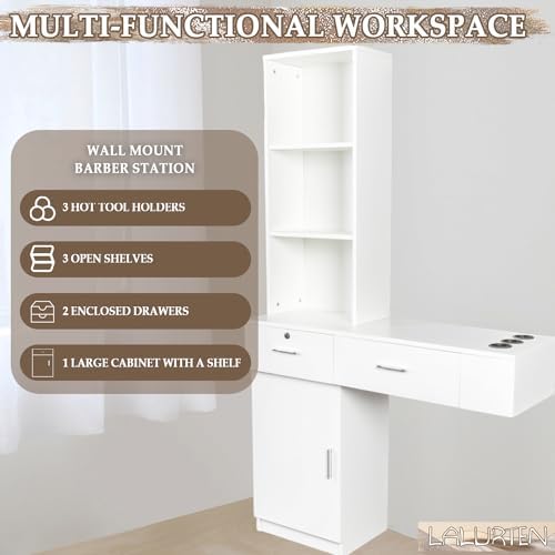 Barber Station Wall Mount Styling Stations for Salons with Cabinets Salon Station for Hair Stylist with Lockable Drawers Salon Cabinet with 3 Shelves Styling Hairstylist Station (White) - Image 2