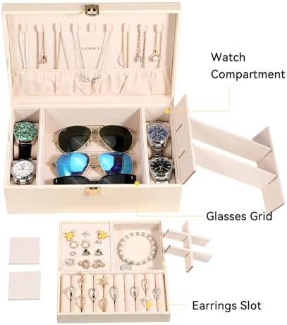 LANDICI Jewelry Box Organizer for Men Women, 2 Layer 4 Slot Watch Storage Case with Removable Tray, PU Leather Large Jewellery Holder Display for Watches Sunglasses Rings Earrings Necklace, Apricot - Image 4