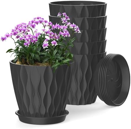 6 Inch Plant Pots, 6 Pack Indoor Flower Pots, Planters with Drainage Holes and Trays for Orchids, Violets, Succulents, Herbs, and Other Plants, Black by SQKH