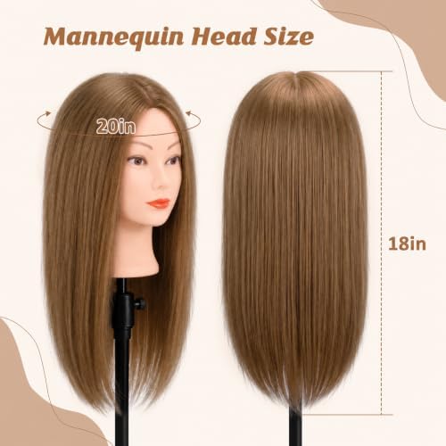 Mannequin Head with 100% Human Hair, MYSWEETY Doll Head for Hair Styling, Manikin Head Cosmetology Makeup Hairdressing Training Head with Clamp Holder and Tools(18" Brown, Makeup) - Image 5