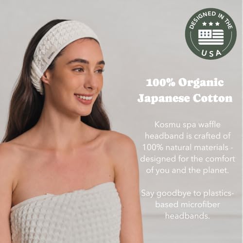 Luxury Organic Japanese Cotton Waffle Spa Headband for Women | Elastic Towel Headband for Makeup, Washing Face, Facial, Cosmetic & Skincare | Gift for Her Self-Care Beauty Routine (Shell White) - Image 3
