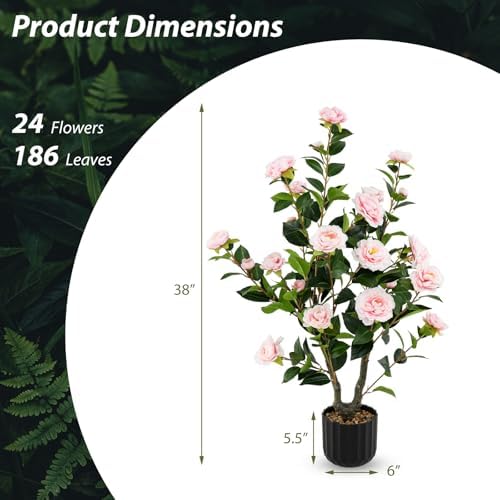 Goplus 38’’ Artificial Camellia Tree, Flower Plants Artificial Tree - Image 7