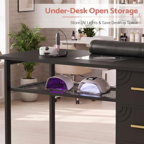 Manicure Table Nail Desk with Dust Collector & Wheels (Black) - Image 4