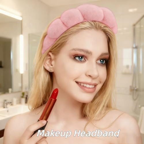 7 Pcs Spa Set, Facial Headband and Wristband Set, Skincare Accessories, College Style Girl Idea Gifts, Hair Accessories for Women and Girls（ Coral Pink） - Image 2