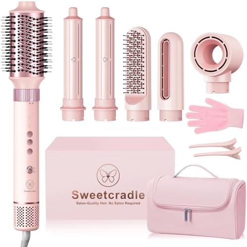 6 in 1 Air Hair Styler, 1400W High Speed Ionic Hair Dryer with Wrap Curlers, Blow Dryer Brush & Frizz-Free Hot Air Brush, No Heat Damage Hair Tools for Fast Drying, Curling, Smoothing & Volume by SweetCradle