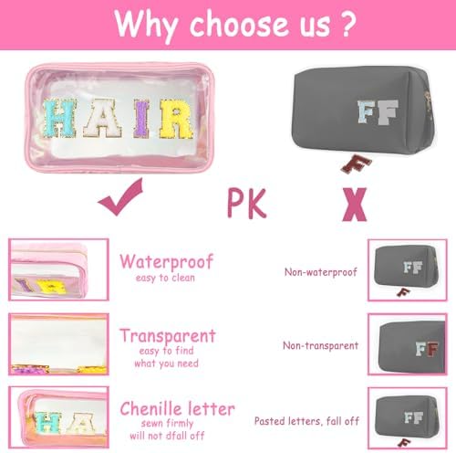 Bunliuys Chenille Letter Clear Makeup Bag Stuff Patch, Travel Toiletry Makeup Bag with Handle, Nylon Waterproof Makeup Bags clear cosmetic bag, preppy patch makeup bag for Women (STUFF-Hot Pink) - Image 4