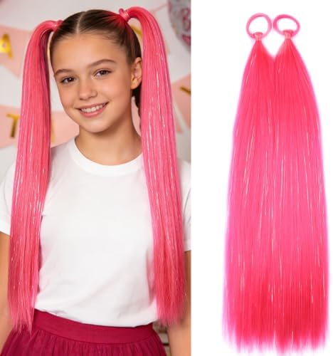 Hot Pink Girls Ponytail Extensions, Hair Tinsel for Women Ponytail With Rubber Band Party Festival Hair Accessories Daily Hair Pieces Ponytail Braiding Hair Extensions Wacky Hair Tinsel 2pcs / lot by Szphoxer