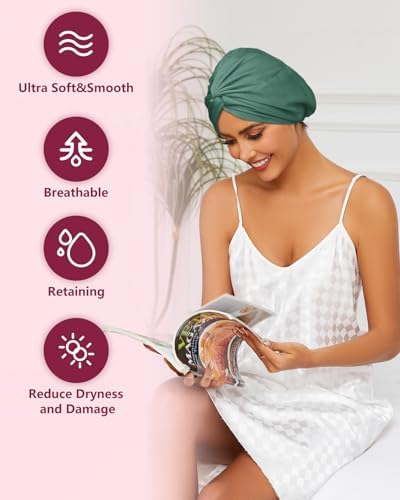 HFRHTGY Adjustable Silk Satin Hair Bonnet for Sleeping, Double Layer Hair Wrap Sleep Cap Turban for Women Men, Curly Straight Braid Unisex (Forest Green 26) - Image 3