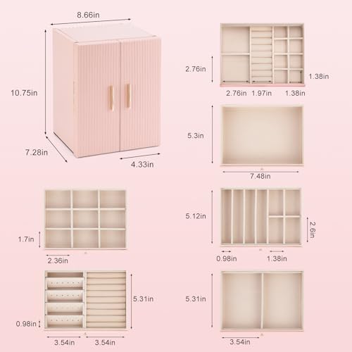 Dajasan Large Jewelry Organizer Box, 6-Tier Jewelry Storage Case with 5 Drawers, Jewelry Boxes for Women Girls with Mirror, Double Door, Textured PU Leather, Gift Idea, Stylish (Pink + Gold) - Image 3