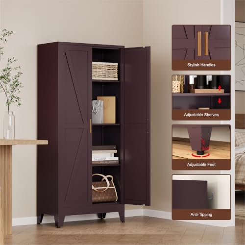 Metal Pantry Cabinet, Cherry Red Kitchen Storage Cabinets with 2 Barn Door - Image 5