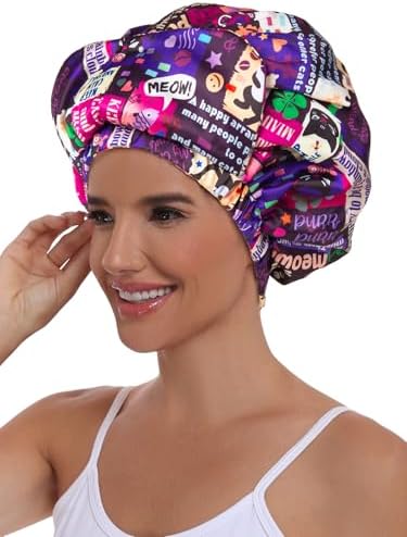 Double Layer Satin Bonnet with Eye Mask Adjustable Silk Sleep Cap Turban Style Hair Wrap for Curly Hair Purple Animals - Image 3