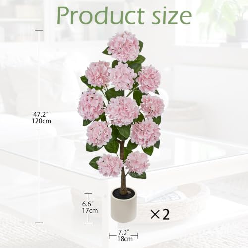 4FT Pink Hydrangea Artificial Flowers Tree Large Real Touch Faux Silk Hydrangea Plants Potted Fake Flower in White Pot for Home Indoor Outdoor Front Porch Garden Entrance Living Room Decor, 2 Pack - Image 2
