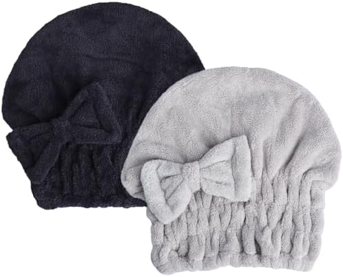 HOPESHINE Microfiber Hair Towel Cap for Women Wet Short or Long Curly Hair Super Absorbent Turbans Anti Frizz Great Gift for Women and Girls (Black+Grey, 2) by HOPESHINE