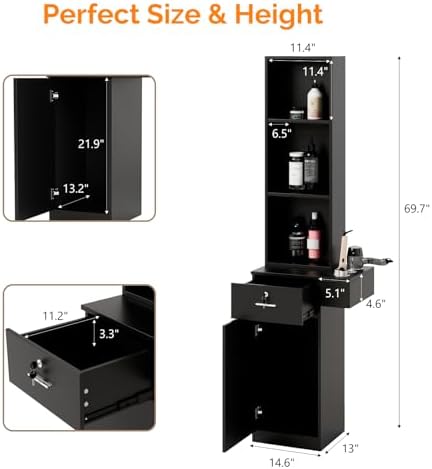 mefeir Salon Station, Barber Hair Stylist Storage Cabinet with Lockable Drawer, 5 Compartments & Shelf, Durable MDF, Organizer Equipment for Beauty Salon, Barbershop, Upgrade Black - Image 3