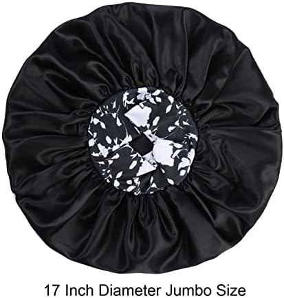 Silk Satin Bonnet Hair Cap: 2pcs 17inch Diameter Extra Large Jumbo Sleeping Satin Bonnets with Comfortable Flower Band - High Density Bonnets for Women Braids Curly Night Cap (Black & Red) - Image 5