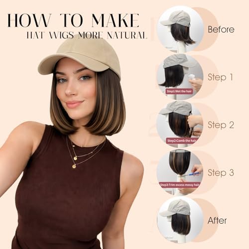 Rich Choices Hat Wigs for Women,Olive Green Baseball Cap with Hair Extensions for Women,Short Bob Hairstyle Caps with Hair Attached Adjustable Baseball Cap Wig 6 Inch Highlighted Dark Brown Hair - Image 5