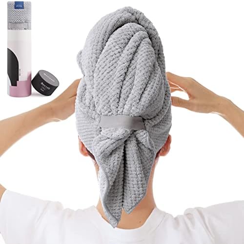 Large Microfiber Hair Towel Wrap for Women, Anti Frizz Hair Drying Towel with Elastic Strap, Fast Dry | Super Absorbent | Quick Dry Hair Turban for Wet, Curly, Long & Thick Hair -Gray by BYCOO