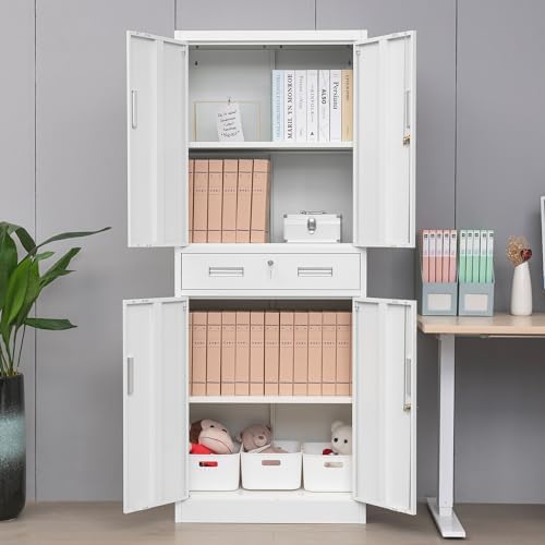 Wanfu Metal Storage Cabinet, 71" H x 28" W x 16" D Locking Storage Cabinet with 2 Adjustable Shelves and 1 Drawer for Office, Garage, Home, School, Utility(White) - Image 2