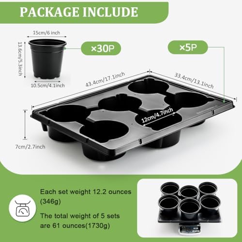 RooTrimmer 6 Inch Plastic Plant Pots 30 Pack and 6 Cell Nursery Pots Trays 5 Pack, Sturdy Seeds Starting Germination Shuttle Carrying Trays, Black Nursery Planting Propagation 5 Sets - Image 2