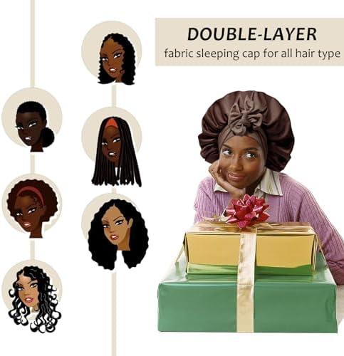 AWAYTR Satin Bonnet for Women, 2-Layer Large Sleep Cap with Adjustable Drawstring, Brown Includes 3 Hair Scrunchies - Image 3