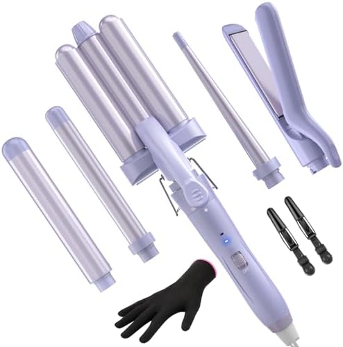 5 in 1 Wand Curling Iron-Kinked Curling Wand Set with Flat Iron Hair Straightener, 3 Barrels Hair Crimper, 3 Ceramic Curling Irons (0.35"-1.25"), 2 Temps Fast Heat Hair Waver Curler, Purple by Kinked
