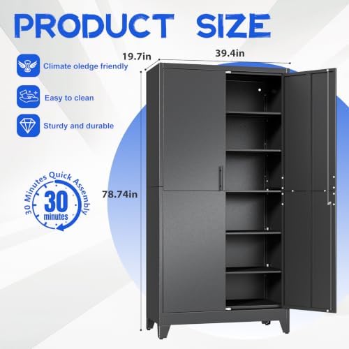 GAIOUS 79" Tall Metal Pantry Storage Cabinet with Lock, File Cabinet Black - Image 2