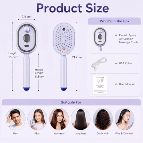 Electric Spray Air Cushion Massage Comb, Upgraded 5 in 1 Rechargeable Air Cushion Hair Brush, Retractable Self-Cleaning Steam Brush for Frizzy Hair & Scalp Care, Anti-Static & Detangling (Purple) - Image 5