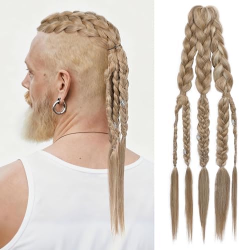NTYNTY Viking Hair Extensions for Men – 24" Handcrafted Clip In Braided Ponytail Hairpiece for Halloween Viking Costume Renaissance Warrior Accessories - Glazed Sand by NTYNTY
