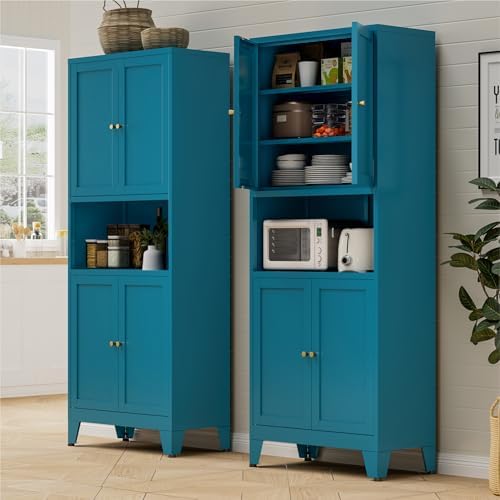 Bevivog Tall Pantry Cabinet with Microwave Shelf, 69" Metal Storage Cabinet with 4 Doors and Adjustable Shelves,Freestanding Metal Kitchen Hutch Cabinet, Blue Pantry Closet Storage Shelves with Doors - Image 3