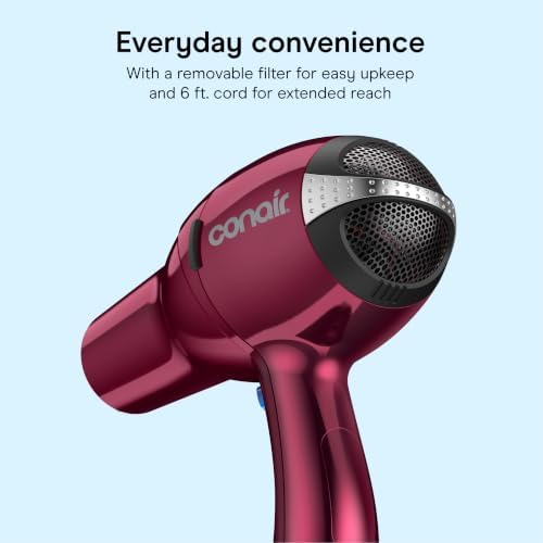 Conair Hair Dryer with Diffuser, Concentrator & Round Brush, Burgundy - Image 6