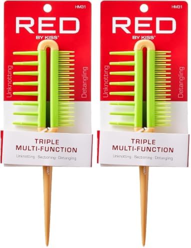 Red by Kiss Detangling Brush for Adults & Kids, Long & Wide Tooth, Mixed-Length Detangler Comb with Rat Tail for All Hair Types (Pack of 2) by REDbyKISS