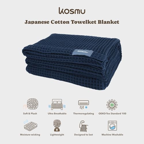 Luxury Organic Japanese Cotton Waffle Towelket Throw Blanket Bedspread for All Sleepers | Soft, Breathable and Thermoregulating (Ocean Blue, 67''x91'') - Image 2