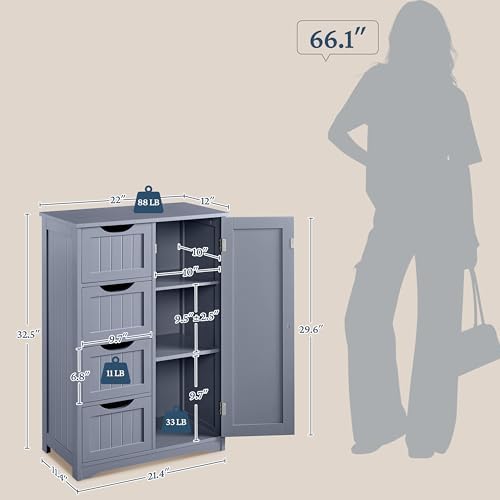 Yaheetech Small Bathroom Storage Cabinet with 4 Drawers & Door, Gray - Image 3
