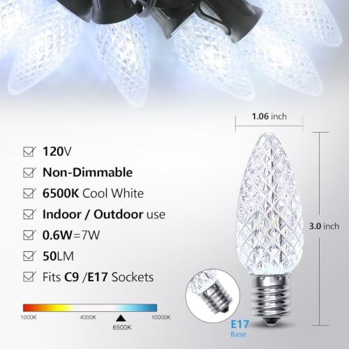 C9 LED Christmas Lights Outdoor Replacement Bulbs Cool White 6500K 50 Pack - Image 2