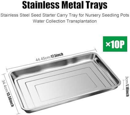 RooTrimmer 10 Pack Large Stainless Steel Seedling Trays, Heavy Duty Metal Water Catch Trays for Nursery Pots Transplant, Seed Germination & Propagation Flats (17.5 inch×13.56 inch, 1.18" Height) - Image 2