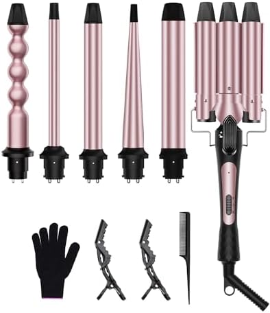 6 in 1 Curling Iron, Curling Wand Set with 3 Barrel Hair Crimper and 5 Interchangeable Ceramic Hair Curler (0.35"-1.25”), Instant Heat Up 2 Temp Wand Curler, Include Heat Protective Glove & 2 Clips by Karrong