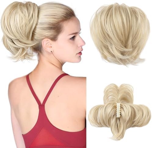 HOOJIH Ponytail Extension, Claw Clip in Straight Hair Bun Messy Bun 9 Inch Short Ponytail Extension with Bendable Metal Wire Hair Pieces for Women Fake Hair Bun - Blonde with White Highlights by HOOJIH