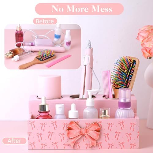 Pink Bow Hair Tool Organizer Countertop Wooden Blow Dryer Holder - Image 4
