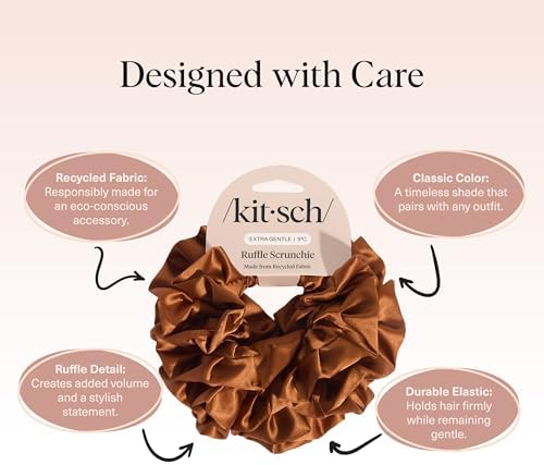 Kitsch Ruffle Satin Scrunchies For Women - Gentle Hair Tie - Camel, 1pc - Image 4